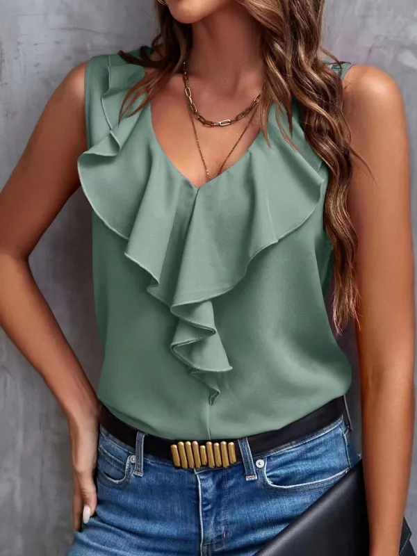 V-neck ruffle trip top sold by Miss Sparkling