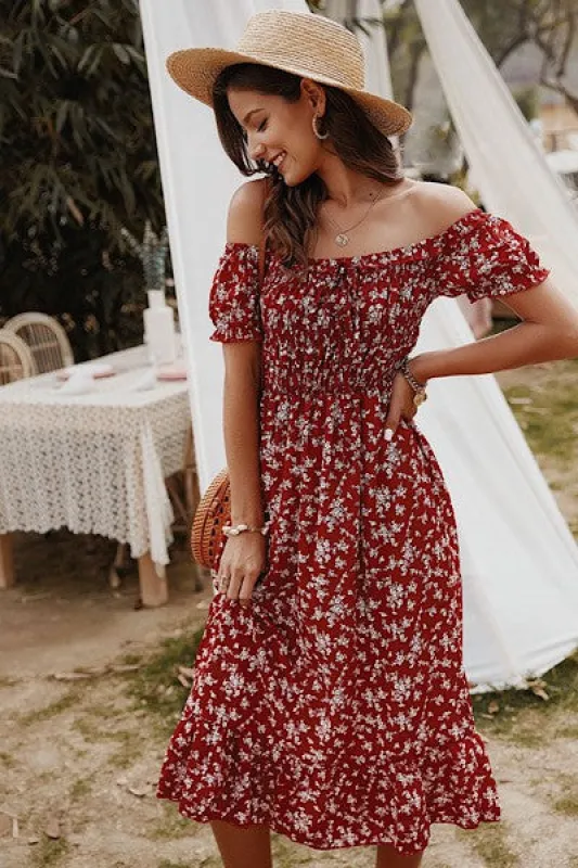 Off shoulder midi floral dress made by Miss Sparkling