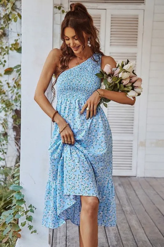 Floral one shoulder smocked dress made by Miss Sparkling
