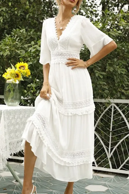 V-neck maxi dress with lace detailing made by Miss Sparkling