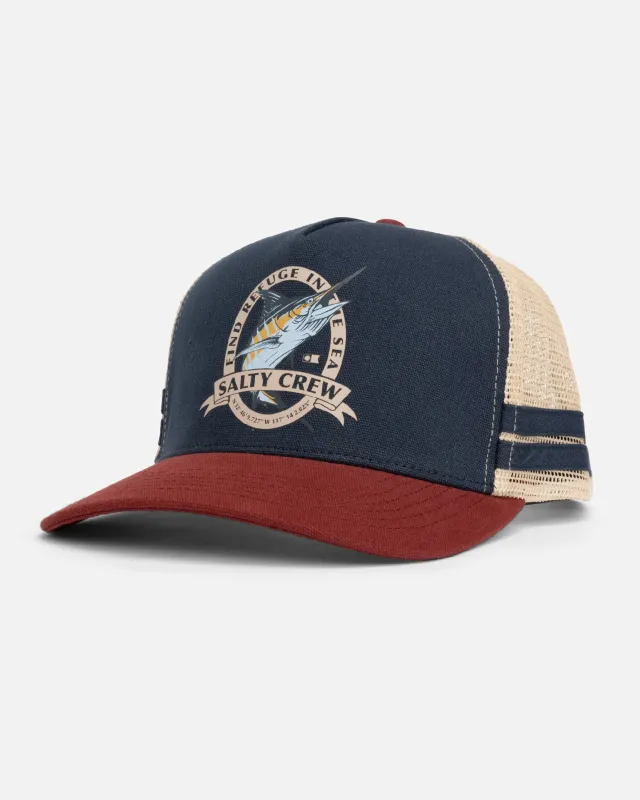 Bill Club Trucker Hat - Navy Burgundy made by Salty Crew