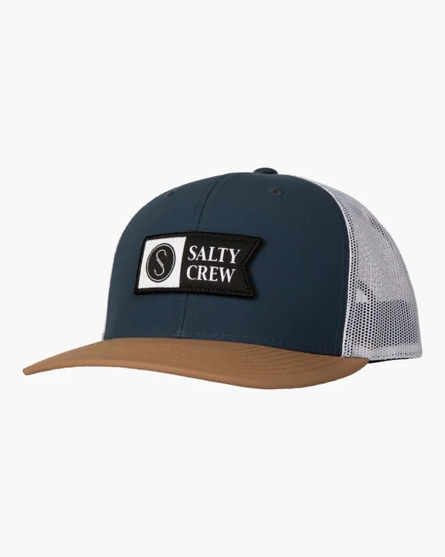 Pinnacle 2 Retro Trucker Hat - Indigo/Tan sold by Salty Crew