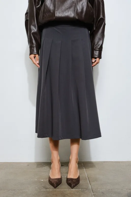 LC2346S | Penelope Pleated Midi Skirt in Charcoal Suiting sold by Loucia