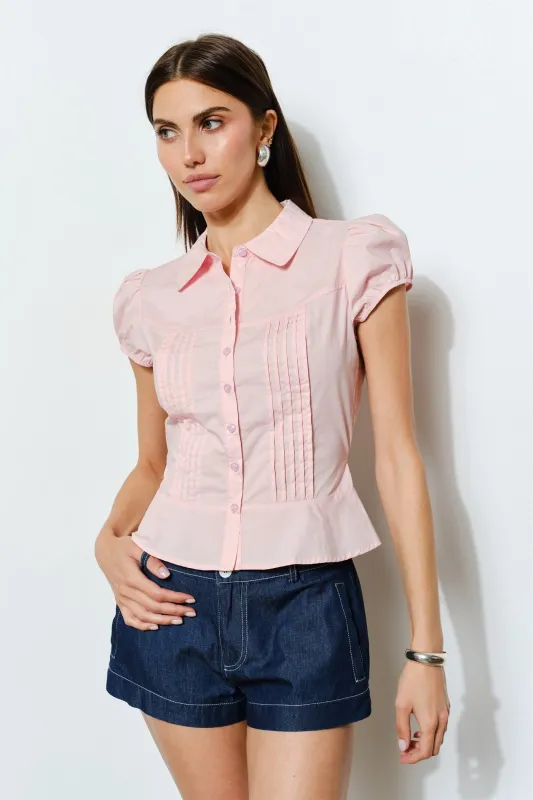 LC2489T | Maren Shortsleeve Collared Tie Back Top made by Loucia