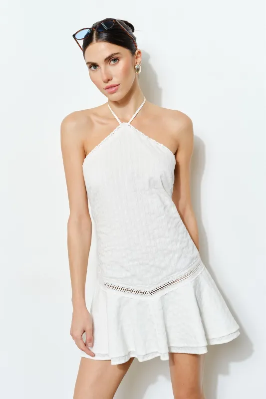 LC2898D | Margot Textured Cotton Ladder Lace Halter Mini Dress made by Loucia