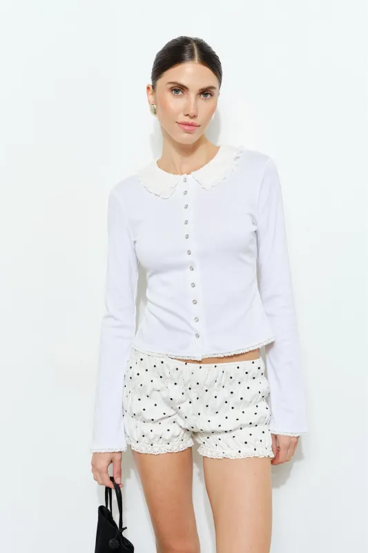 LC2954T | Elowen Lace-Trimmed Peter Pan Collar Button-Front Top made by Loucia