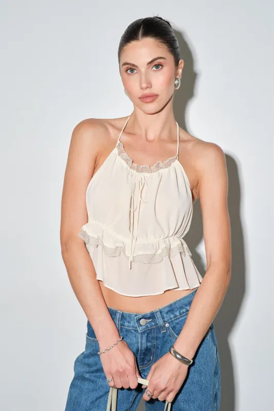 LC2949T | Seren Chiffon Lace Trim Open Back Halter Top made by Loucia
