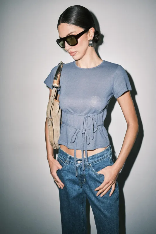 LC2719T | Amber Fine Knit Tie Waist Short Sleeve Tee Top made by Loucia