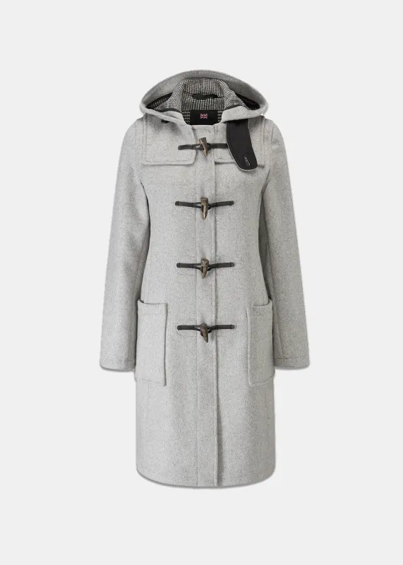 Women's Long Slim Fit Freda Duffle Coat Silver Prince of Wales made by Gloverall