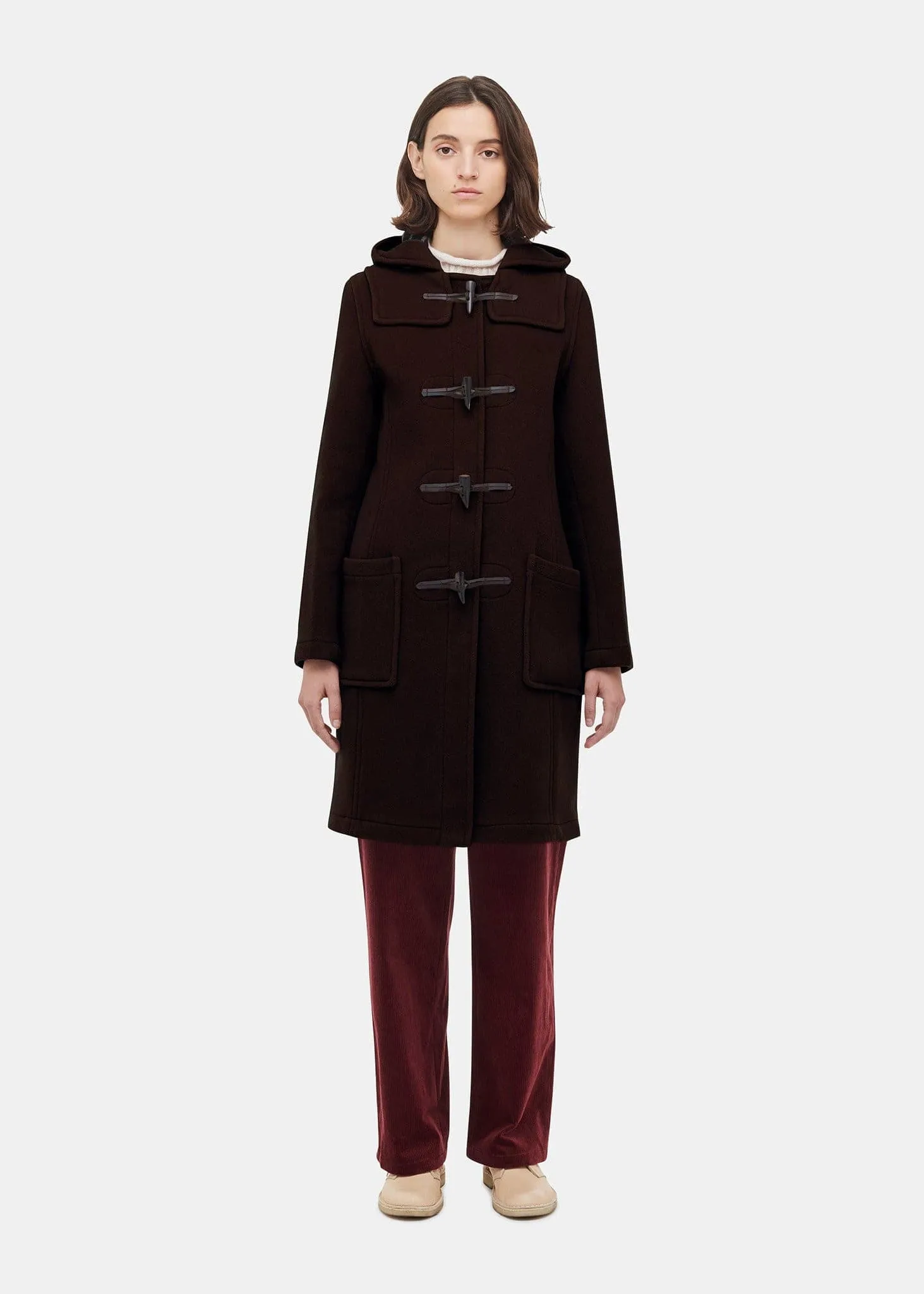 Women's Long Slim Fit Freda Duffle Coat Brown MacDuff Hunting sold by Gloverall