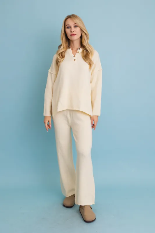Relaxed Henley Waffle Knit Lounge Set made by Leto Collection