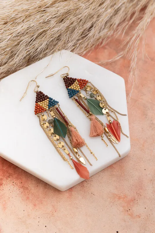 Boho Dreams Beads & Feathers Cascade Earrings made by Leto Collection