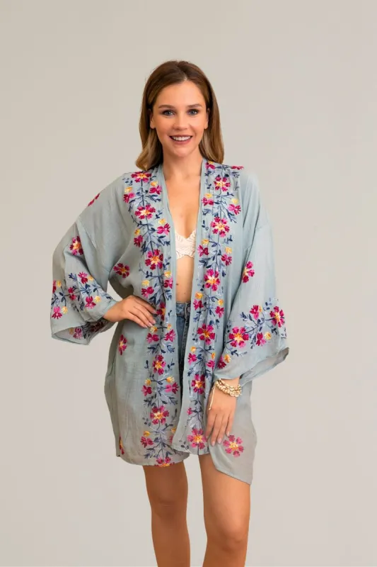 Ethereal Anemone Kimono – Elegant Floral Embroidery sold by Leto Collection