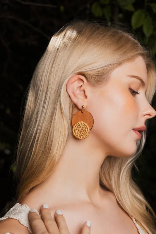 Boho Wood-Trimmed Round Straw Earrings made by Leto Collection