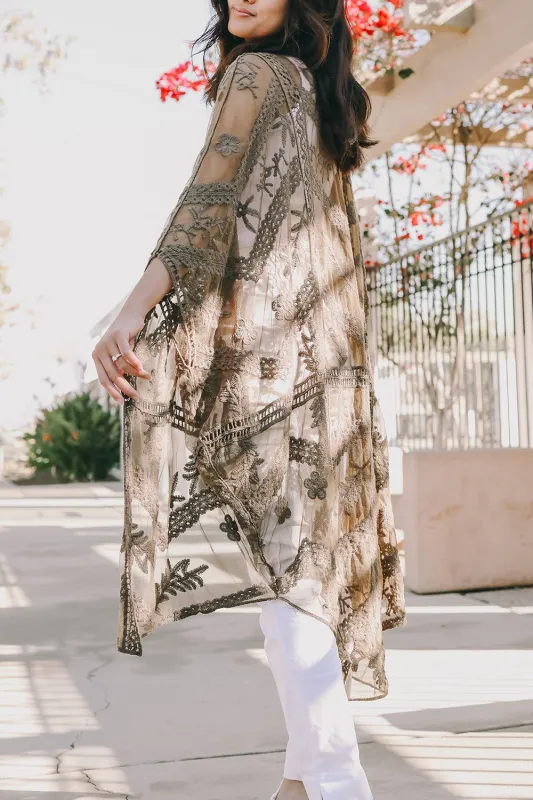 Embroidered Mesh Leaf Kimono made by Leto Collection