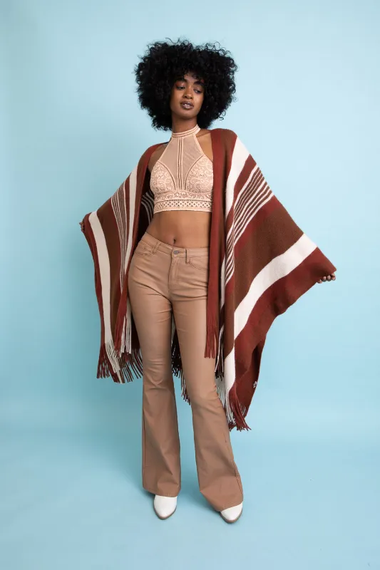 Boho Striped Frayed Edge Ruana made by Leto Collection