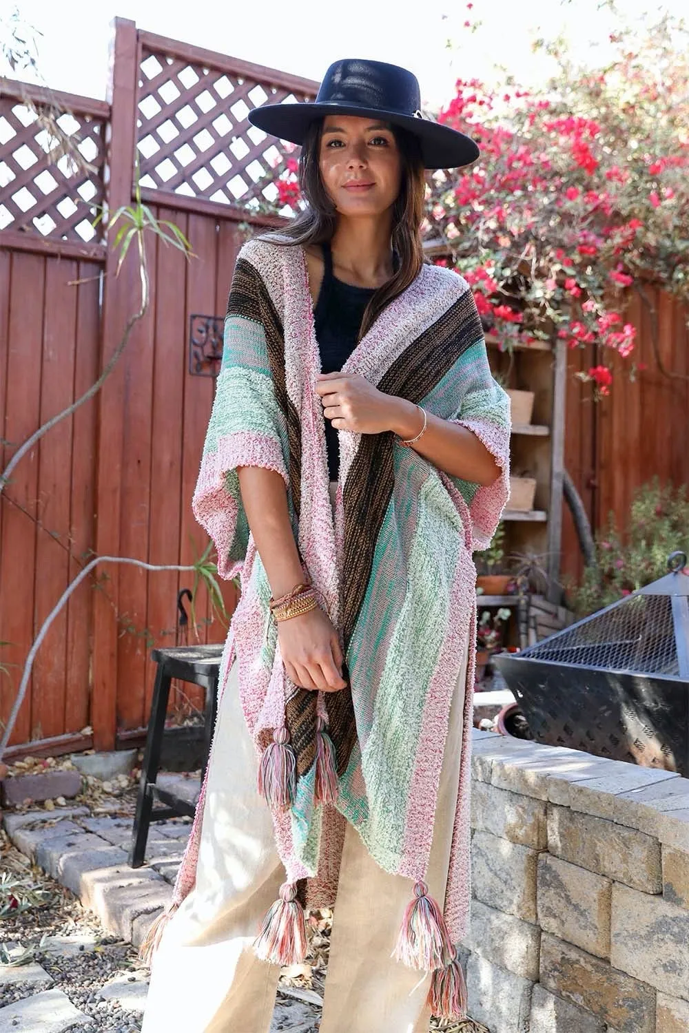 Multi-color Striped Tassel Poncho sold by Leto Collection