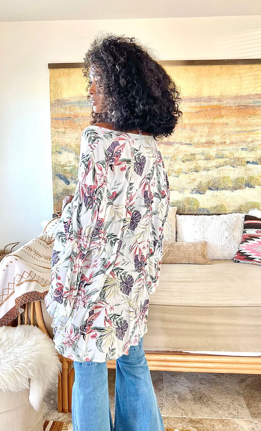 Tropical Leaves Draped Sleeve Kimono sold by Leto Collection product image thumbnail 2