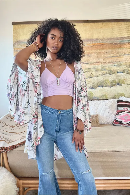 Tropical Leaves Draped Sleeve Kimono made by Leto Collection