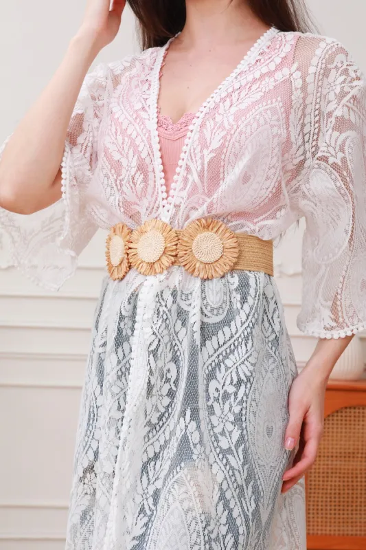 Bohemian Elastic Belt with Daisy Flower Accents made by Leto Collection