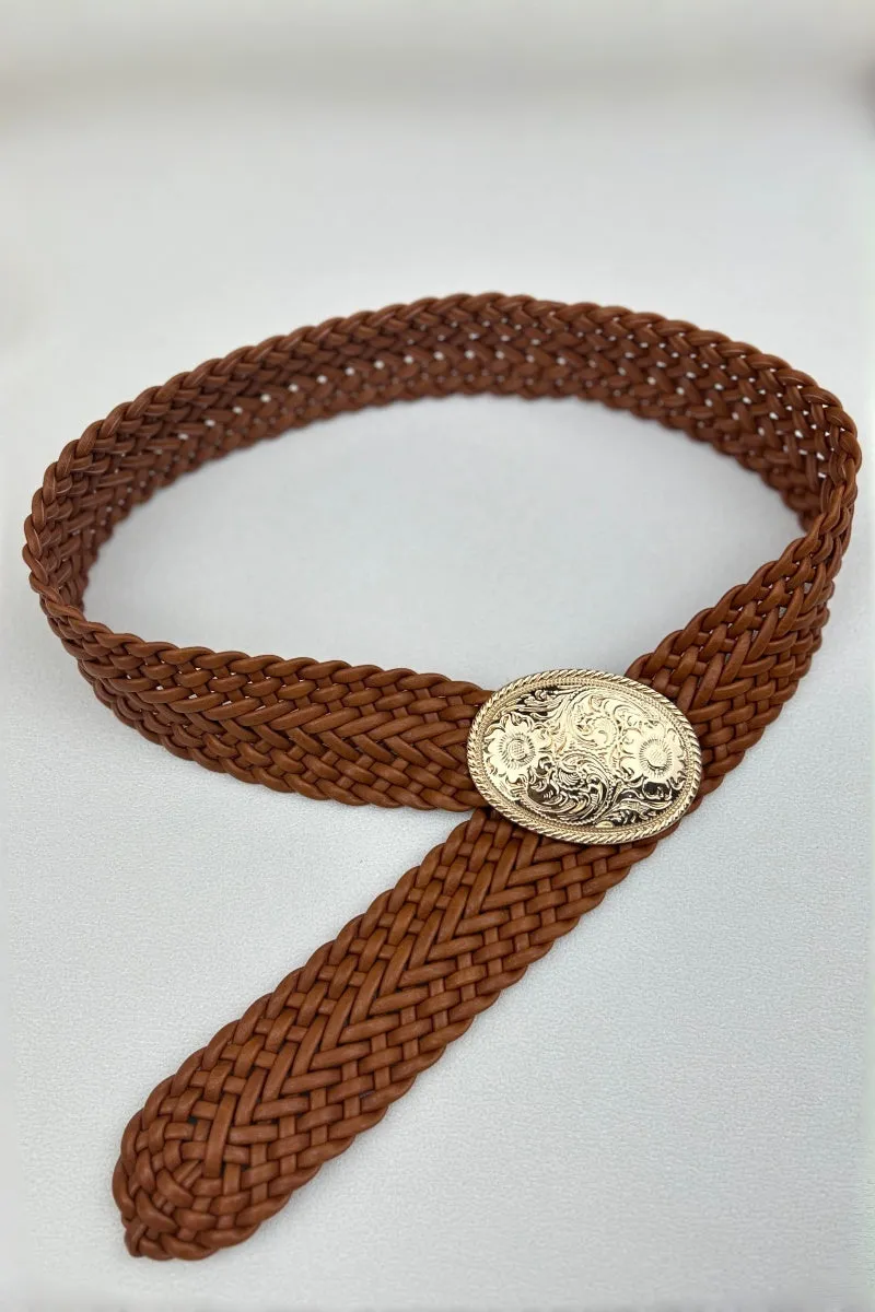 Golden Nomad: Bohemian Woven Wide Belt with Gold Engraved Medallion sold by Leto Collection product image thumbnail 2