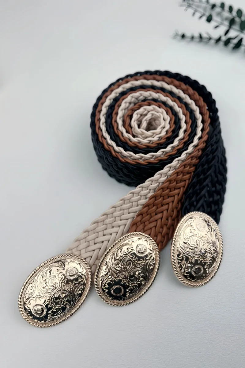 Golden Nomad: Bohemian Woven Wide Belt with Gold Engraved Medallion sold by Leto Collection product image thumbnail 4
