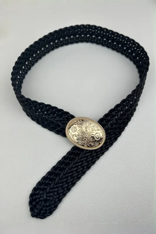 Golden Nomad: Bohemian Woven Wide Belt with Gold Engraved Medallion made by Leto Collection