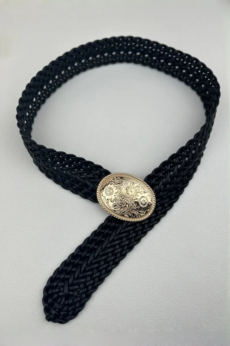 Golden Nomad: Bohemian Woven Wide Belt with Gold Engraved Medallion sold by Leto Collection