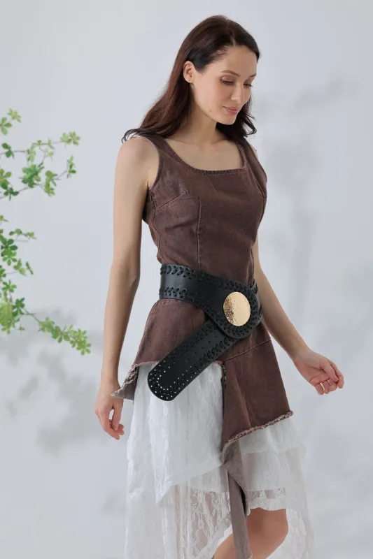 Artisan Soul: Boho Whipstitch Wide Leather Belt with Hammered Gold Buckle made by Leto Collection