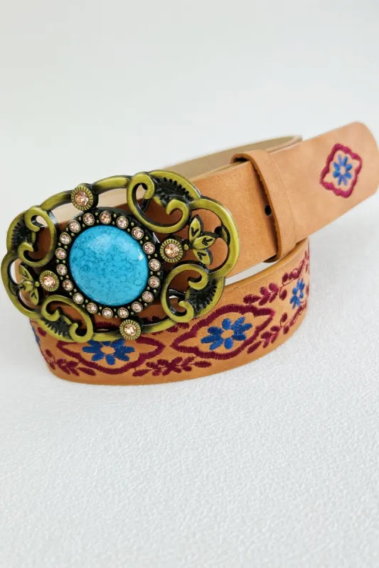 Desert Jewel: Bohemian Turquoise Buckle Embroidered Belt made by Leto Collection