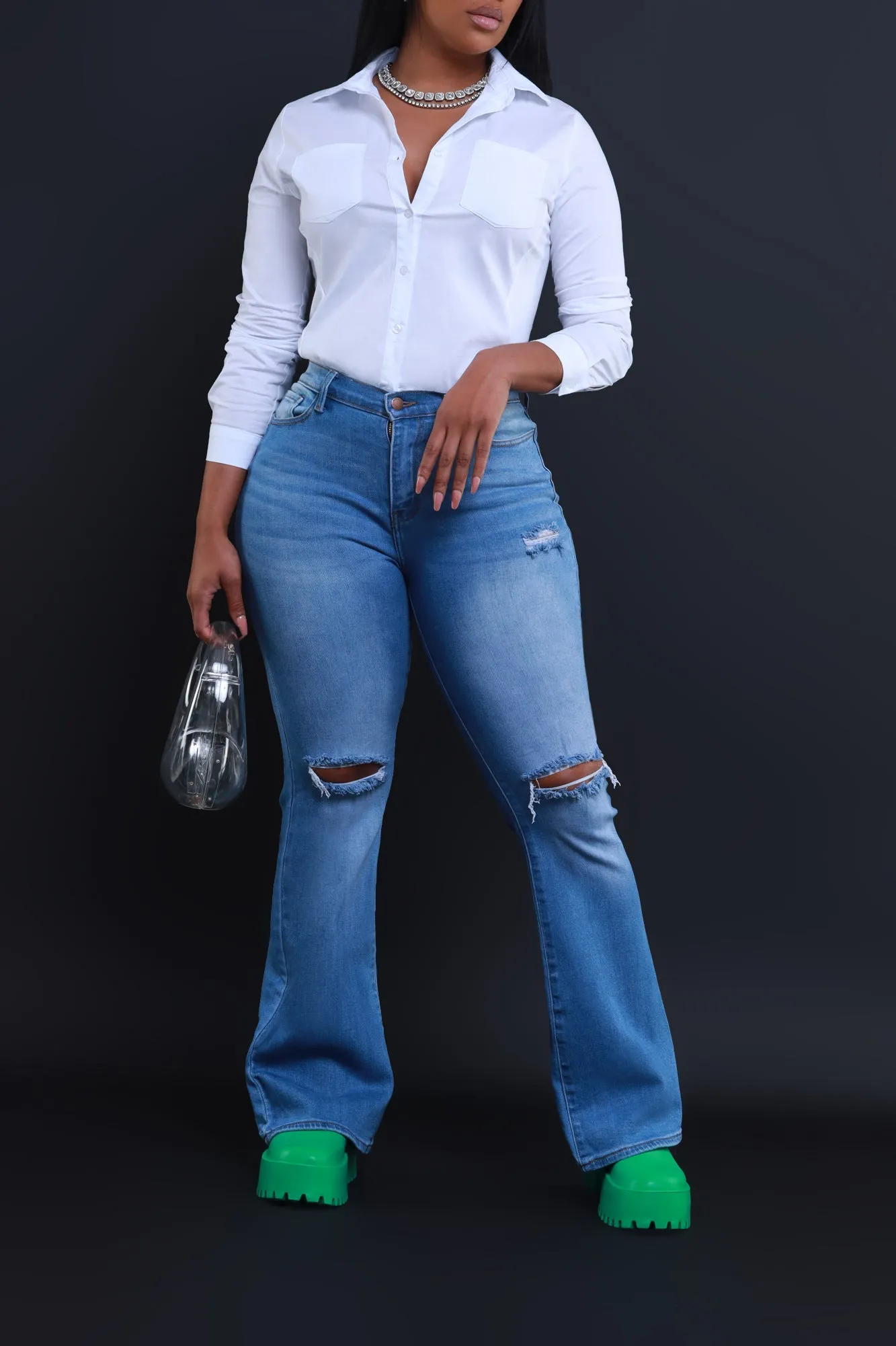 Owe You High Rise Ripped Bootcut Jeans - Medium Wash sold by Swankaposh