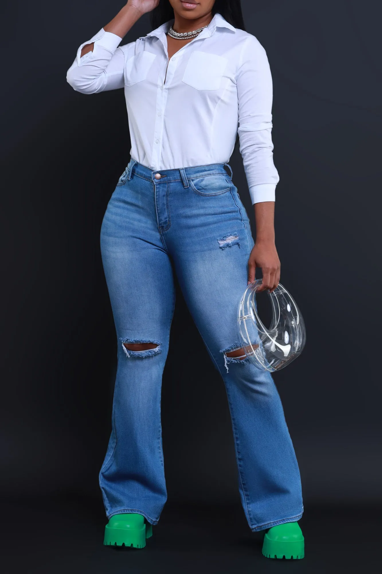 Owe You High Rise Ripped Bootcut Jeans - Medium Wash sold by Swankaposh product image thumbnail 4