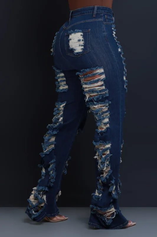 In Too Deep Ultra Distressed Bootcut Jeans - Dark Wash sold by Swankaposh