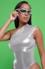 Kill The Lights One Shoulder Metallic Bodysuit - Silver sold by Swankaposh