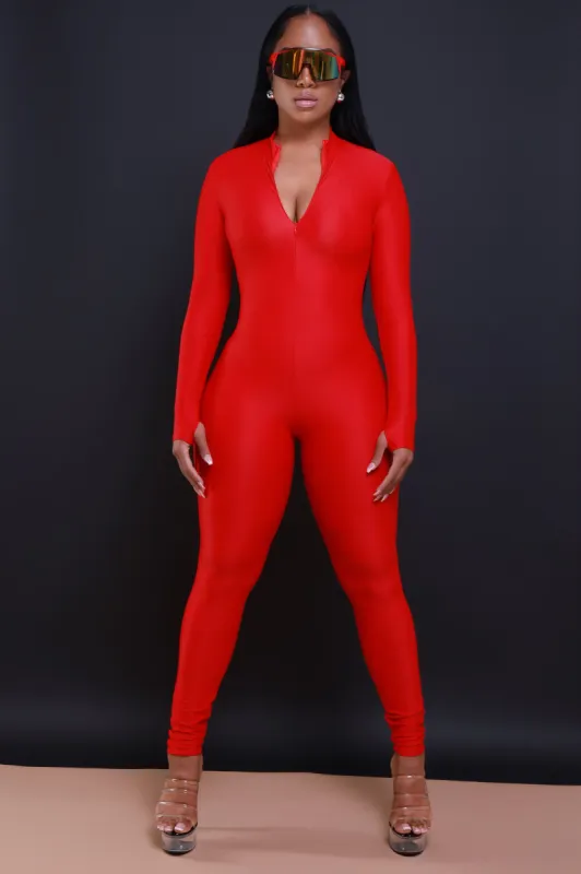 Save Tonight Mock Neck Jumpsuit - Red sold by Swankaposh
