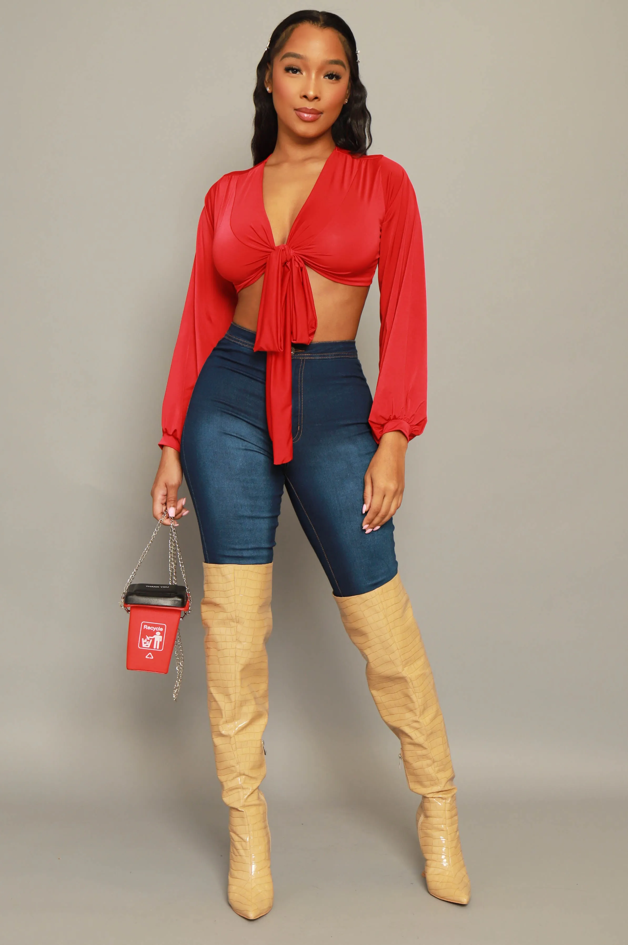 Please Hold Long Sleeve Tie Up Crop Top - Red sold by Swankaposh product image thumbnail 5