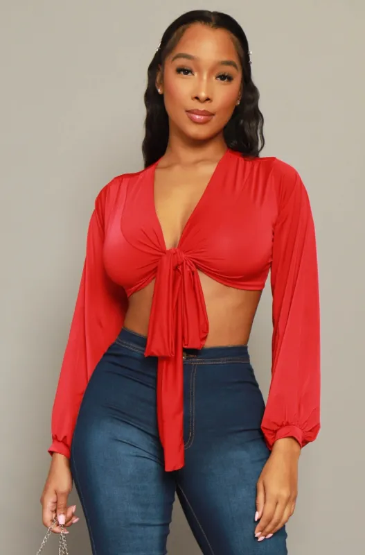 Please Hold Long Sleeve Tie Up Crop Top - Red sold by Swankaposh