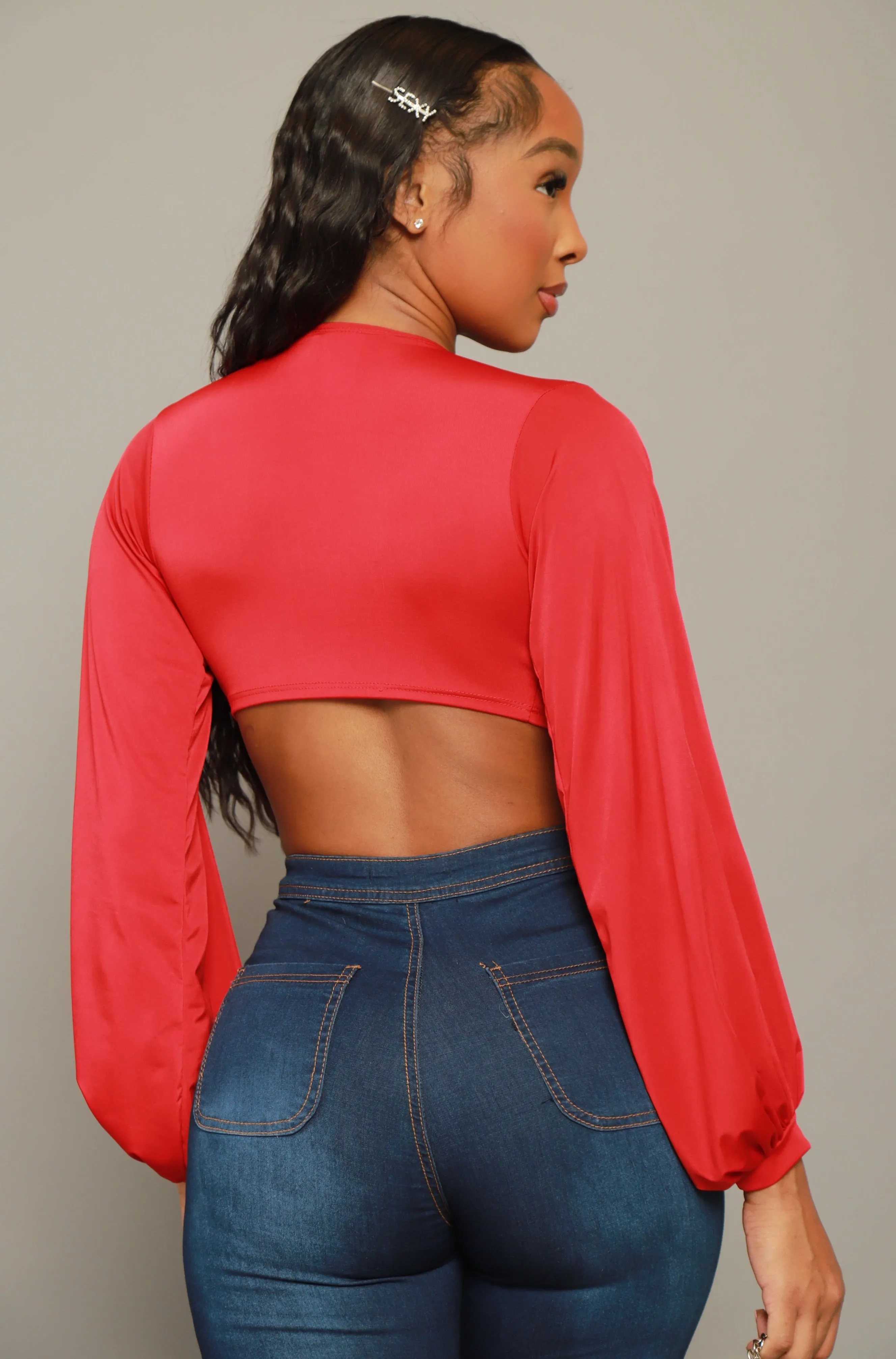 Please Hold Long Sleeve Tie Up Crop Top - Red sold by Swankaposh product image thumbnail 4
