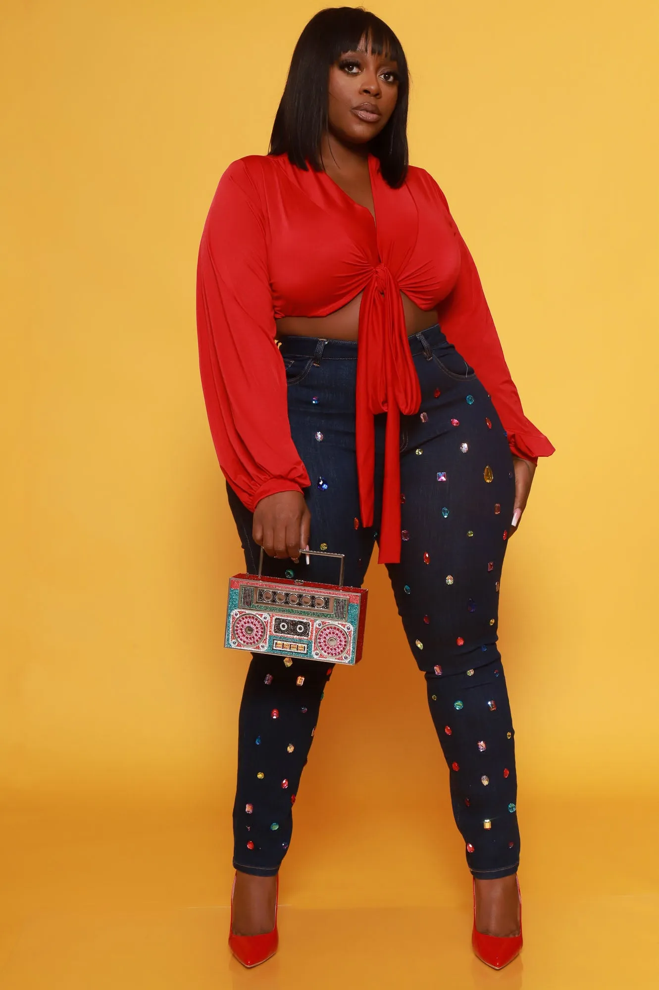 Please Hold Long Sleeve Tie Up Crop Top - Red sold by Swankaposh product image thumbnail 2