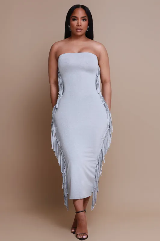 At All Costs Strapless Fringe Maxi Dress - Grey sold by Swankaposh