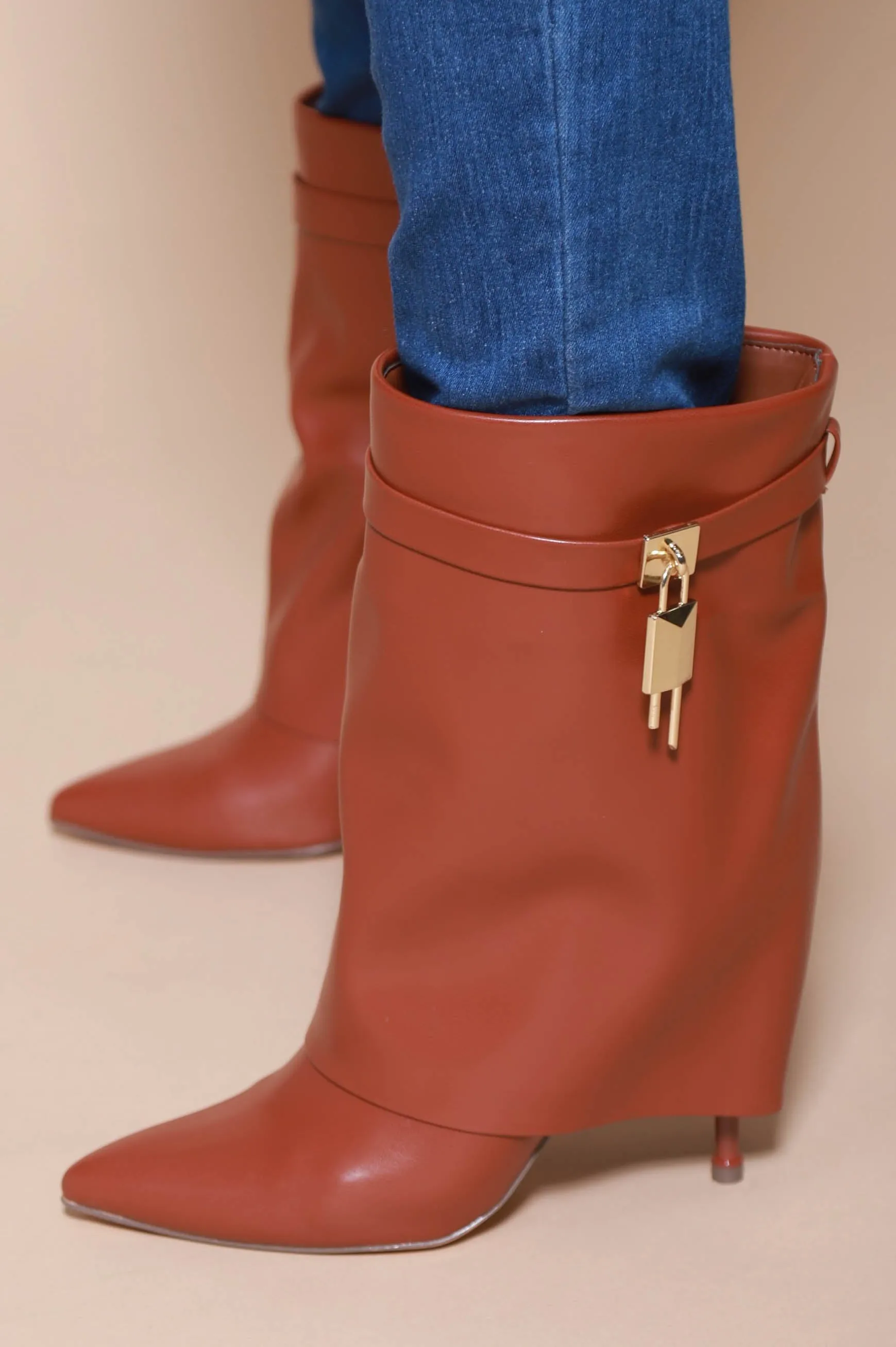 Say Yes Faux Leather High Heel Boot - Cognac sold by Swankaposh