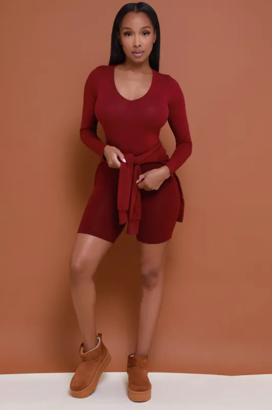 Red Tape 3 Piece Hooded Bodysuit & Short Set - Burgundy sold by Swankaposh