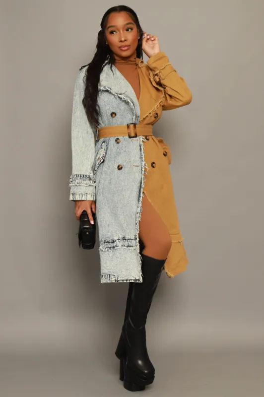 Can't Get Away Two Toned Trench Coat - Light Wash/Khaki sold by Swankaposh
