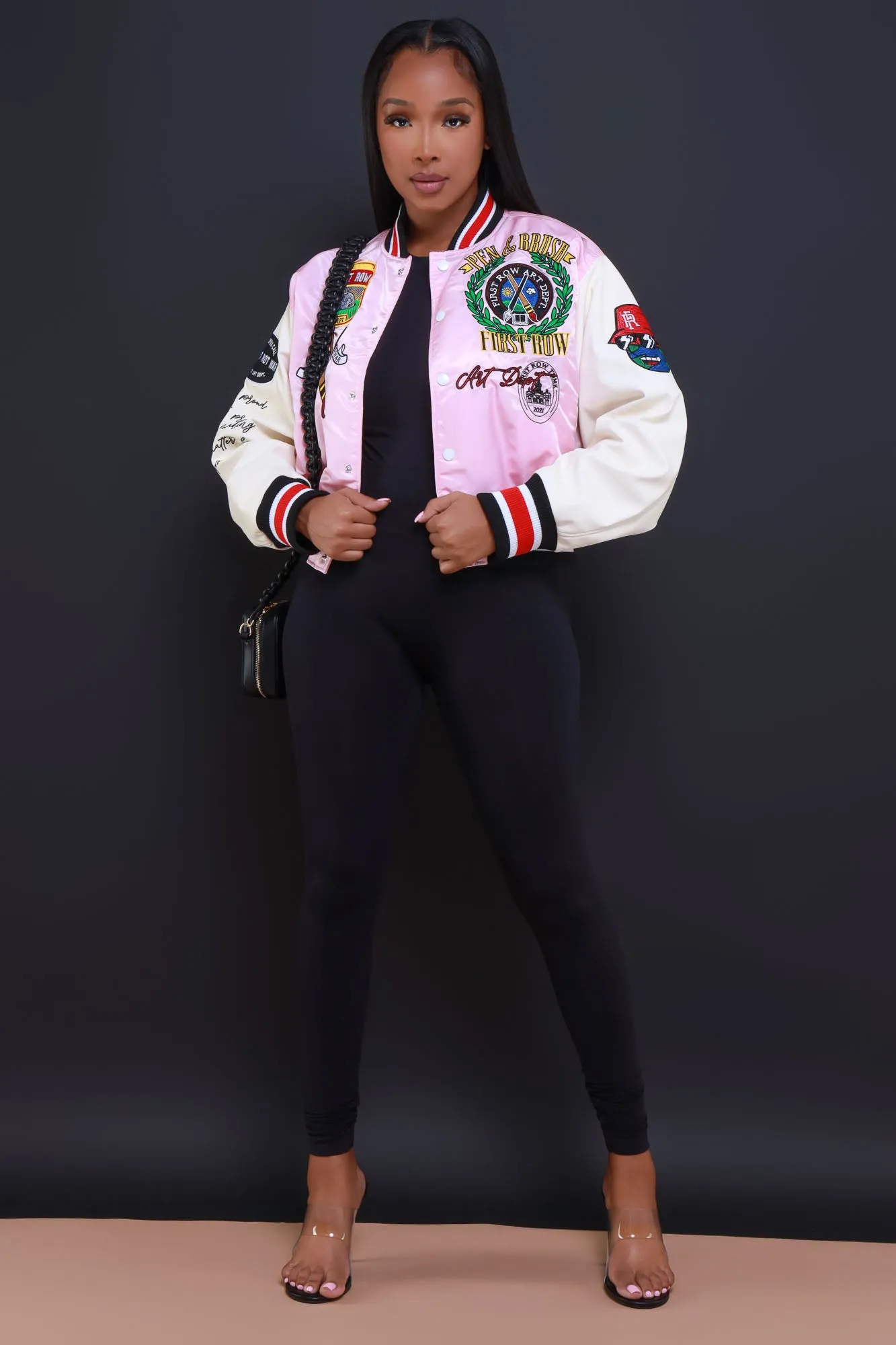 Best In Class Cropped Faux Leather Varsity Jacket - Pink/White sold by Swankaposh