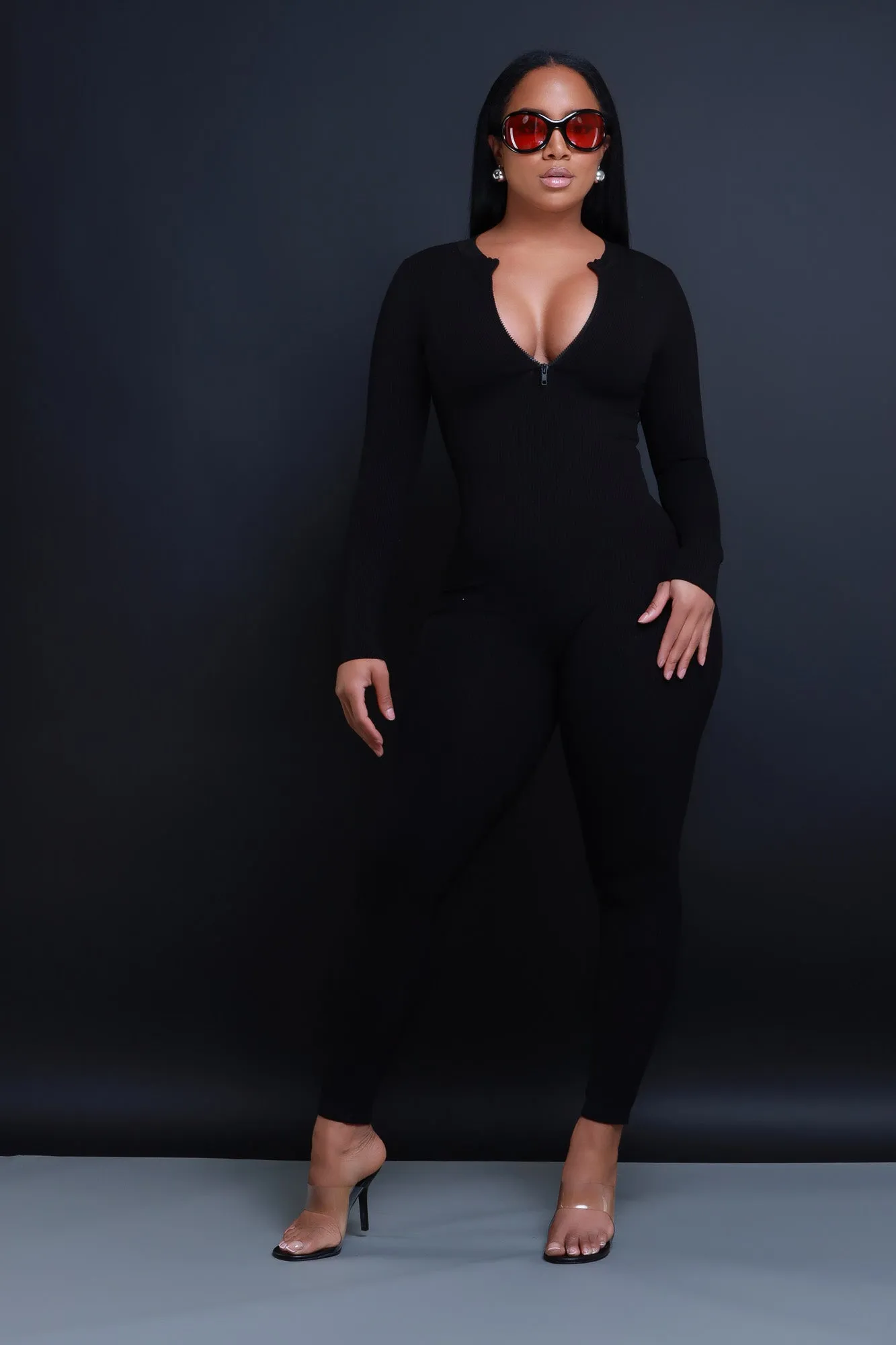 Too Close Zip Up Cellulite Deleter Jumpsuit - Black sold by Swankaposh
