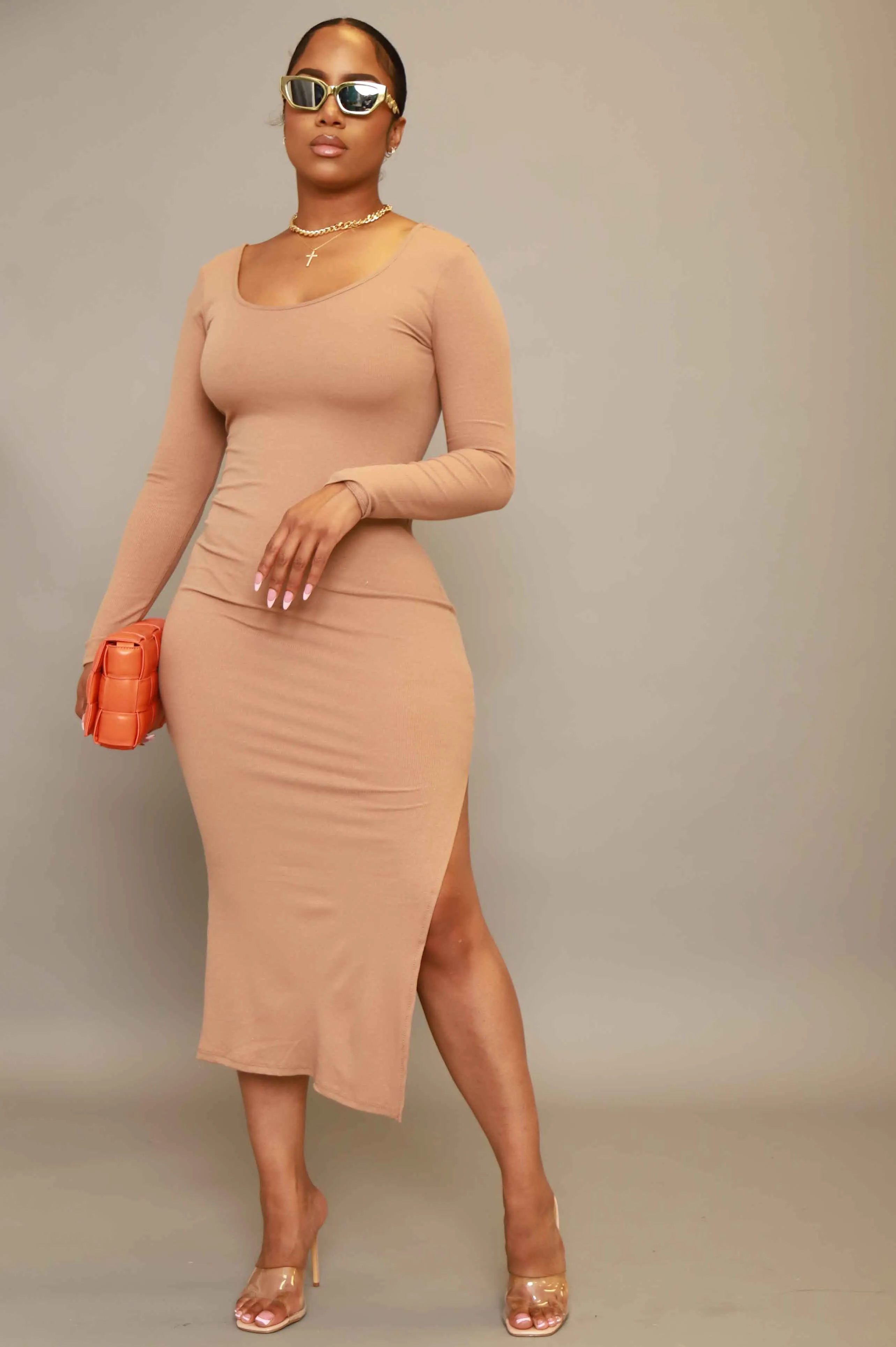 Good Love Scoop Neck Midi Dress - Taupe sold by Swankaposh