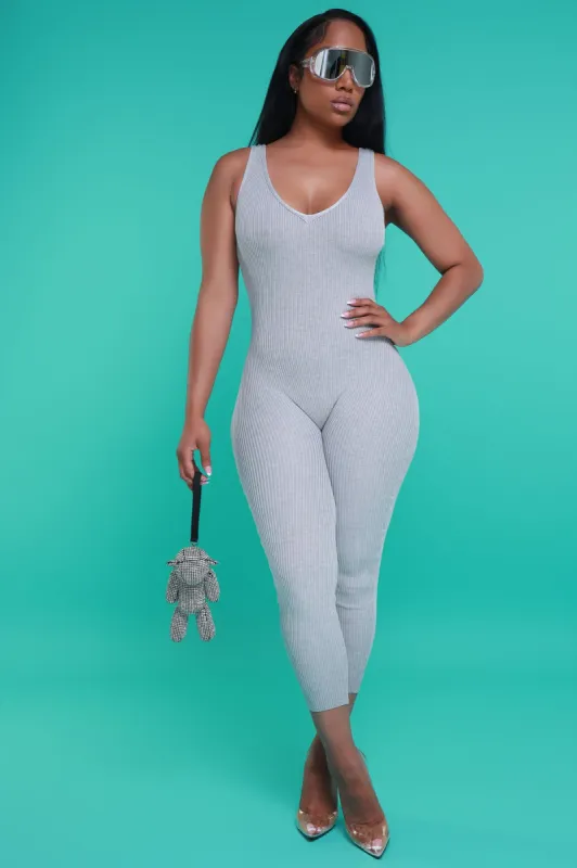 Yours Truly Sleeveless Ribbed Jumpsuit - Gray sold by Swankaposh