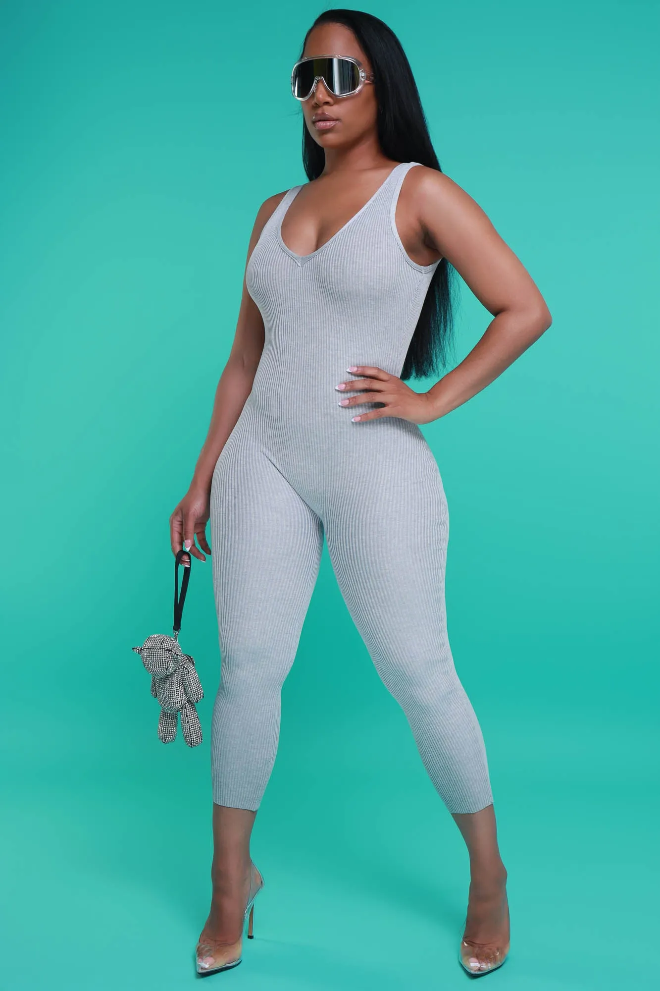 Yours Truly Sleeveless Ribbed Jumpsuit - Gray sold by Swankaposh product image thumbnail 2