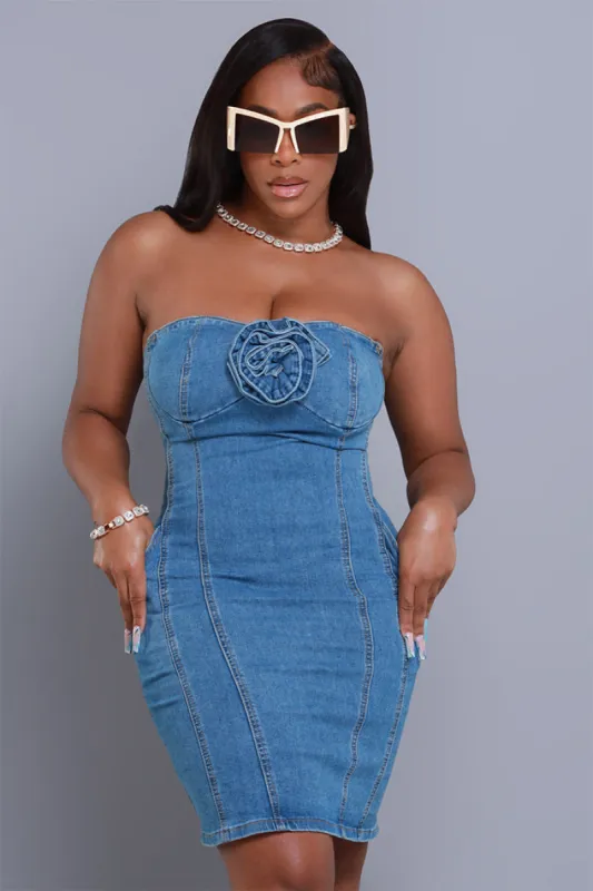 Nice Surprise Denim Floral Mini Dress - Medium Wash sold by Swankaposh