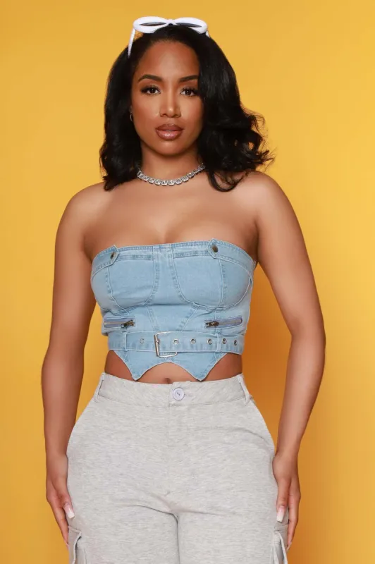 Good Luck Charm Belted Denim Crop Top - Light Wash sold by Swankaposh